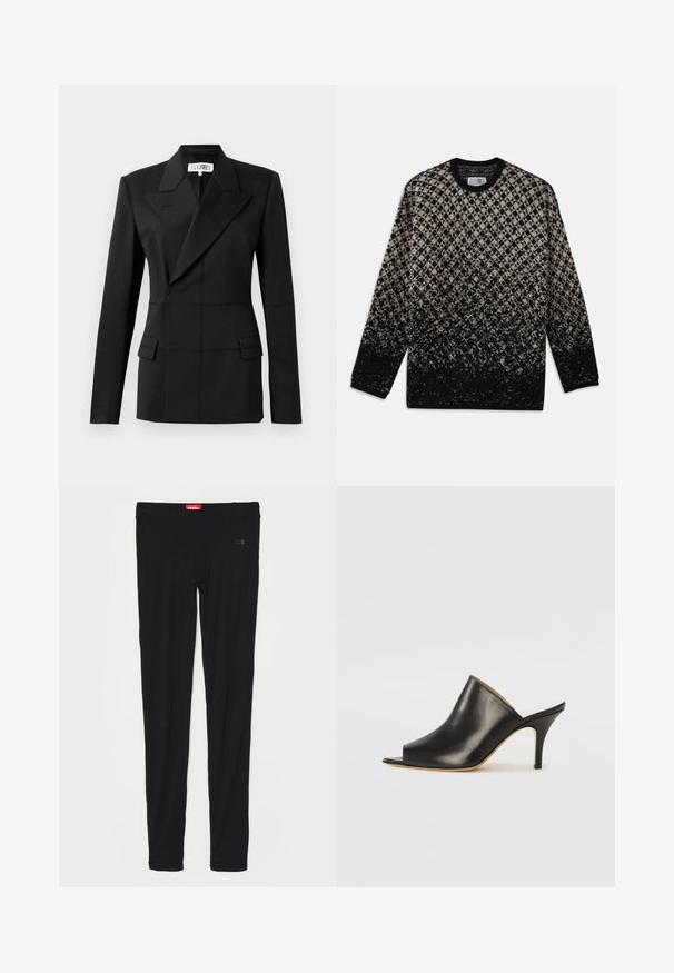 Fekete, szabott blézer, egy hosszú ujjú, becsípett hajtókával, duplagombos záródás, két elülső zseb, formázott szövet látható varrással.; Kötött pulóver bézs és fekete gyémántmintával, fokozatos színátmenettel. Kerek nyakkivágás és hosszú ujjú. Puha tapintású.; Fekete leggings sima anyagból, magas derekú és diszkrét logóval az elülső részen. A leggings testhez simuló, karcsú fazonú.; Fekete bőr, nyitott orrú mules cipő, elegáns, ívelt kialakítással, magas stiletto sarokkal és sima textúrával. A belső tér világos színű, kontrasztos.