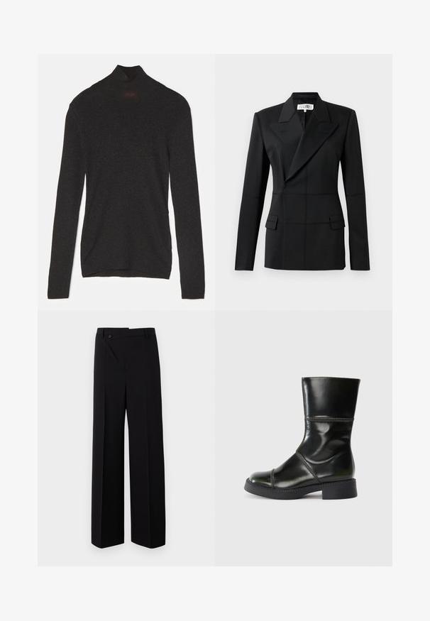 Blazer noir sur mesure, une manche longue, revers crantés, fermeture double boutonnage, deux poches avant, tissu structuré avec coutures visibles.; Turtleneck noir à manches longues en tissu doux avec un léger éclat. Présente une silhouette ajustée et un col haut.; Pantalons larges noirs avec un devant plat, fermeture à boutons et texture de tissu lisse. Présente une coupe droite et des lignes nettes.; Bottine en cuir noir avec un bout rond, finition lisse, coutures contrastées et un talon bloc, présentant une silhouette légèrement effilée.
