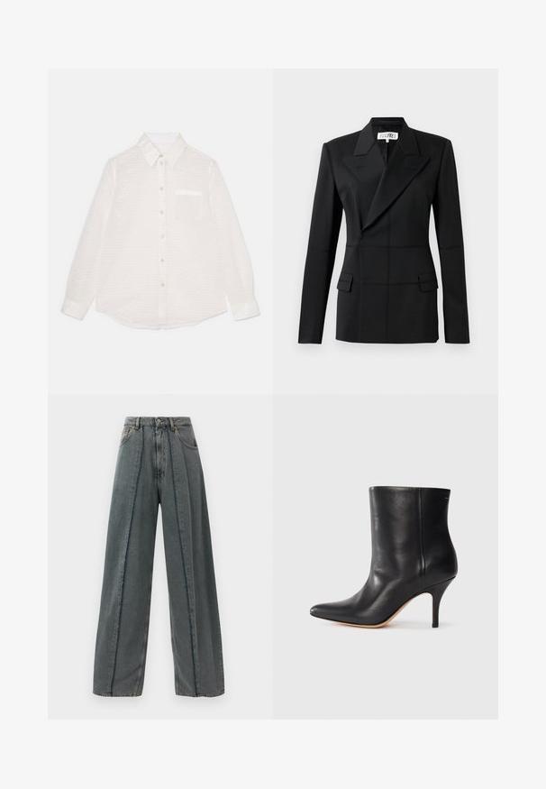 Čierny strihový blazer, jedna dlhá rukáv, klopové golier, dvojradové zapínanie, dve predné vrecká, štruktúrovaná tkanina s viditeľným šitím.; Biela košela s dlhým rukávom s textúrovaným vzorom, zapínanie na gombíky, golier, jedna náprsníková vrecko a lesklý povrch.; Široké tmavošedé džínsy s vysokým pásom, s rozstrapkanými detailmi švov, ktoré sa vertikálne tiahnu pozdĺž prednej časti, a klasickým dizajnom s piatimi vreckami.; Čierne kožené členkové topánky s špicatou špičkou, úzkym stiletto podpätkom a hladkou textúrou. Minimalistický dizajn bez viditeľných kovových prvkov alebo akcentov.