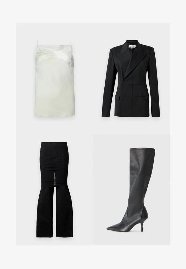 Sort skræddersyet blazer, en lang ærme, notch laps, dobbeltradet lukning, to frontlommer, struktureret stof med synlig syning.; Satin slyngekjole i lys grøn med blomsterbroderi på den ene skulder. Justerbare spaghetti-stropper, lige snit og glat tekstur.; Sorte denimbukser med vedhæftet sort skræddersyet mini-nederdel med slid foran, præsenteret på en hvid baggrund.; Knæhøje sorte læderstøvler med spidse tæer og slanke stiletto-hele. Glat tekstur med en tætsiddende design og syninger ved toppen.