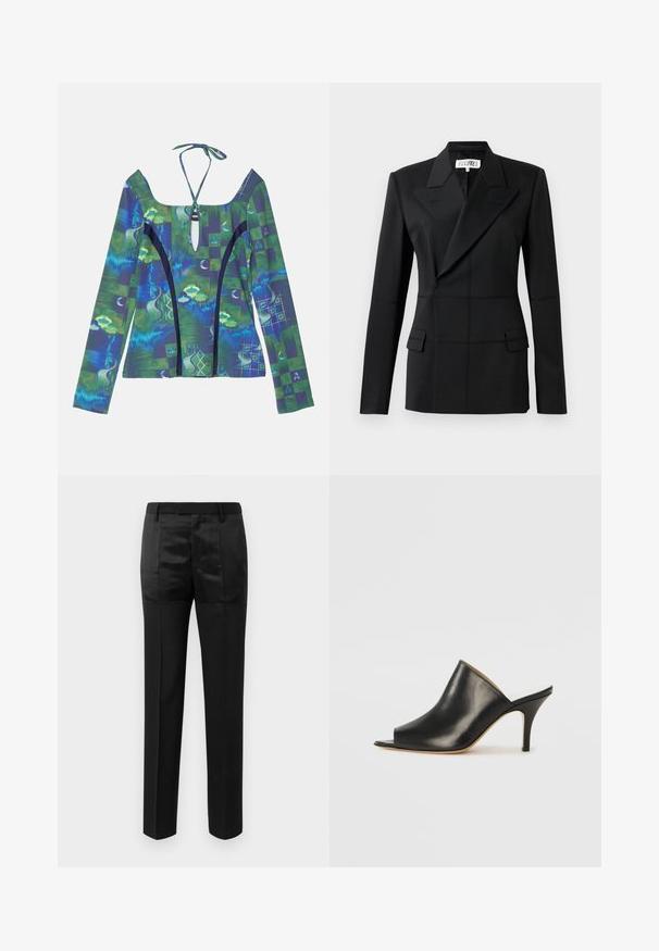 Juodas pritaikytas švarkas, viena ilga rankovė, pjūvio apykaklė, dvigubas užsegimas, dvi priekinės kišenės, struktūrizuota medžiaga su matomais siūlais.; Ilga rankovė su giliu iškirpimu, su abstrakčiais mėlynos ir žalios spalvų raštais, su surišimu nugaroje ir kontrastingais juodais akcentais.; Juodos pritaikytos kelnės su tiesiomis kojomis ir juosmeniu su diržo kilpomis, su matinio ir blizgaus audinio juostelėmis.; Juodas odinis atviras mules batelis su elegantišku, kreiviu dizainu, aukštu stiletto kulnu ir lygiu paviršiumi. Vidus turi kontrastingą šviesią spalvą.