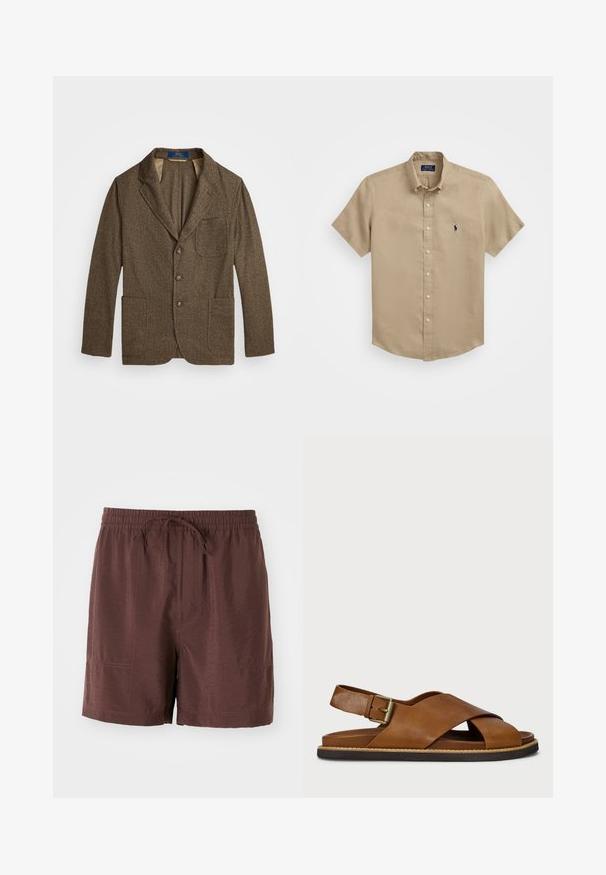 Brązowa marynarka z tweedu z wyprofilowanym kołnierzem, dwiema kieszeniami z przodu i zapięciem na trzy guziki. Teksturowana tkanina z delikatnym wzorem. Podszewka.; Koszula z krótkim rękawem w beżowym kolorze, zapinana na guziki. Wykonana z lnu z teksturowanym wykończeniem. Posiada małe granatowe logo na lewej piersi. Klasyczny fason kołnierzyka.; Brązowe, lekkie szorty z elastycznym pasem i sznurkiem do regulacji. Posiadają kieszenie boczne oraz gładką, lekko błyszczącą fakturę.; Brązowe skórzane sandały z krzyżującymi się paskami, regulowanym zapięciem na klamrę i fakturowaną podeszwą. Posiadają akcent z naturalnego włókna na krawędzi.