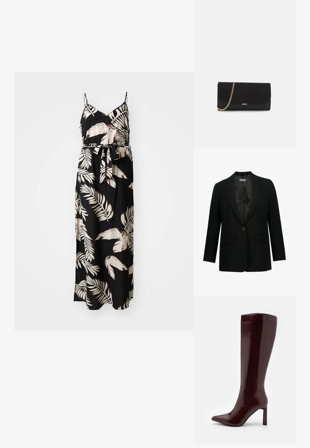 Schwarzer Blazer mit Reverskragen, einreihiger Knopfverschluss und zwei vorderen Taschen. Innenfutter aus glattem Stoff, taillierte Passform.; Maxikleid aus schwarzem Stoff mit floralem Blattmuster in Creme und Burgunderrot. Es hat dünne Spaghettiträger und eine gebundene Taille.; Even&Odd Stiefel - dark red; Schwarze Clutch aus Wildleder mit strukturierter Oberfläche, ausgestattet mit einem goldenen Kettenriemen und einem eleganten, kantigen Design.
