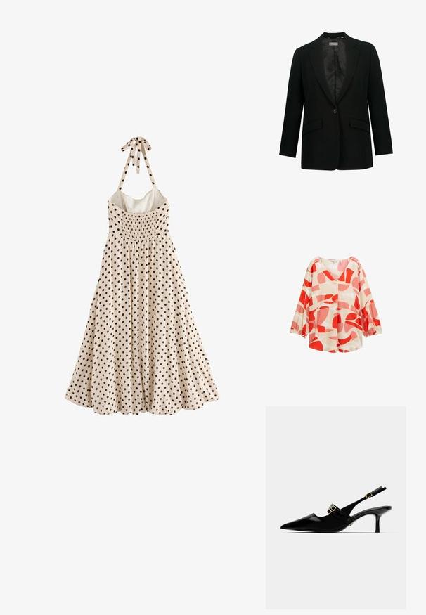 Černý blazer s klasickým límcem, zapínání na jeden knoflík a dvěma předními kapsami. Vnitřek podšitý hladkým materiálem, střih přizpůsobený postavě.; Lehká krémová blůza s odvážnými červenými a růžovými abstraktními vzory, výstřihem do V a dlouhými rukávy se elastickými manžetami. Obsahuje detail s knoflíky.; Bezrukávové krémové šaty mají černé puntíky, nařasený korzet a zavazování u krku, spadají do rozšířeného lemu.; Černé lakované lodičky s otevřenou patou a špičatou špičkou, s dvojitými zlatými sponkami a štíhlým jehlovým podpatkem.; Černá kabelka z umělé kůže se strukturovaným tvarem, zlatými doplňky, horní rukojetí a předním zapínáním s logem "GUESS".