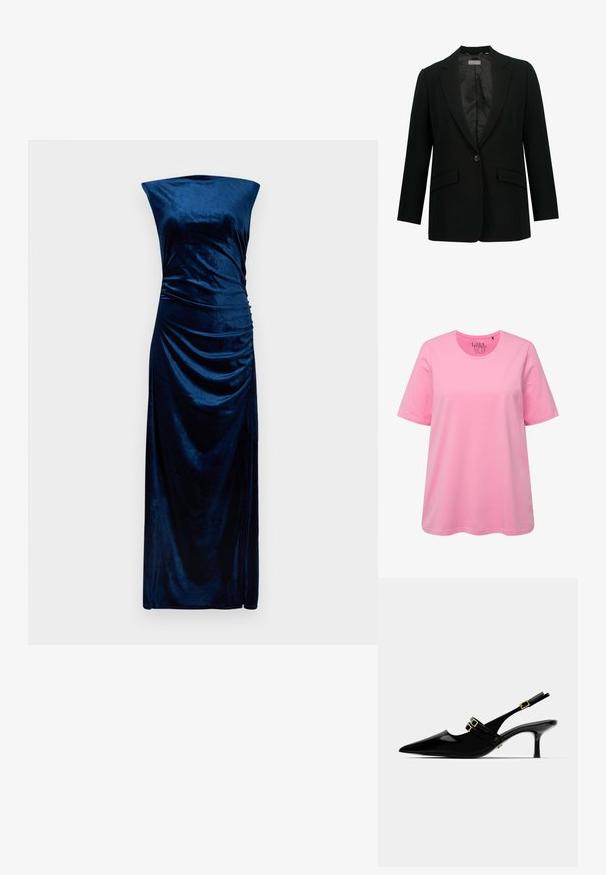 Blazer nero con rever a punta, chiusura con un solo bottone e due tasche frontali. Interno foderato in tessuto liscio, vestibilità su misura.; T-shirt in cotone rosa, maniche corte, scollatura rotonda, vestibilità rilassata, texture liscia, senza motivi o dettagli visibili.; Abito senza maniche in velluto blu navy, lungo fino al pavimento, con scollatura dritta e dettaglio arricciato sul lato destro.; Décolleté in vernice nera con cinturino alla caviglia, punta affusolata, dotate di doppi dettagli in oro e un sottile tacco a stiletto.; Borsa a pochette nera con finitura testurizzata, tracolla in catena dorata e chiusura a fermaglio. Forma rettangolare con un design elegante e minimalista.