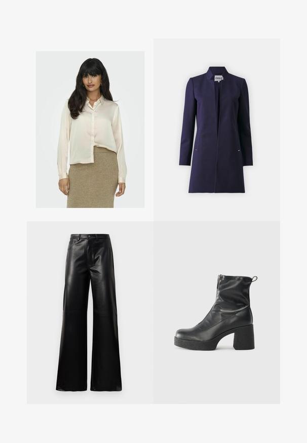 Cappotto blu navy su misura con colletto alla cinese, maniche lunghe e dettagli in metallo dorato sul davanti. Finitura del tessuto liscia.; Blusa a maniche lunghe color crema realizzata in tessuto morbido, con apertura a bottoni sul davanti e colletto, abbinata a una gonna dorata con una trama.; Pantaloni ampi a vita alta in ecopelle neri con bottone frontale, chiusura con zip, passanti per cintura e tasche laterali su sfondo bianco.; Stivali neri alla caviglia in pelle liscia, con zip laterale, tacco spesso e texture, e punta arrotondata.