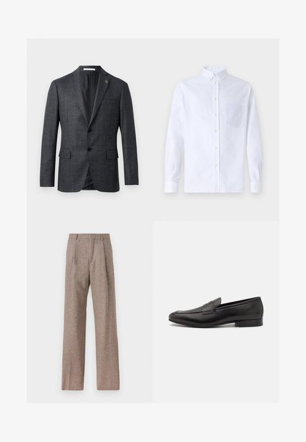 Tummanharmaa, teksturoitu bleiseri, jossa on läppäkaulus, kaksi etutaskua, nappikiinnitys ja pieni nuppineulapiste kauluksessa. Silkkinen sisävuori.; Valkoinen pitkähihaista napillista paitaa, joka on valmistettu puuvillasta. Paita sisältää rinnan kohdalla taskun, jossa on samaa sävyä oleva brodeeraus, kauluksen sekä napilliset hihansuut.; Ruskejat, korkeavyötäröiset housut, jotka on valmistettu teksturoidusta kankaasta. Ominaisuuksina ovat leveät lahkeet ja kaksi etupuolelle ommeltua laskosta rakenteen tukemiseksi. Siisti viimeistely ilman näkyvää metalliosaa.; Musta nahkakengät, joissa on tyylikäs muotoilu, pyöreä nenä ja matala pino korko. Ylhäällä koristeellinen ompelutaito.