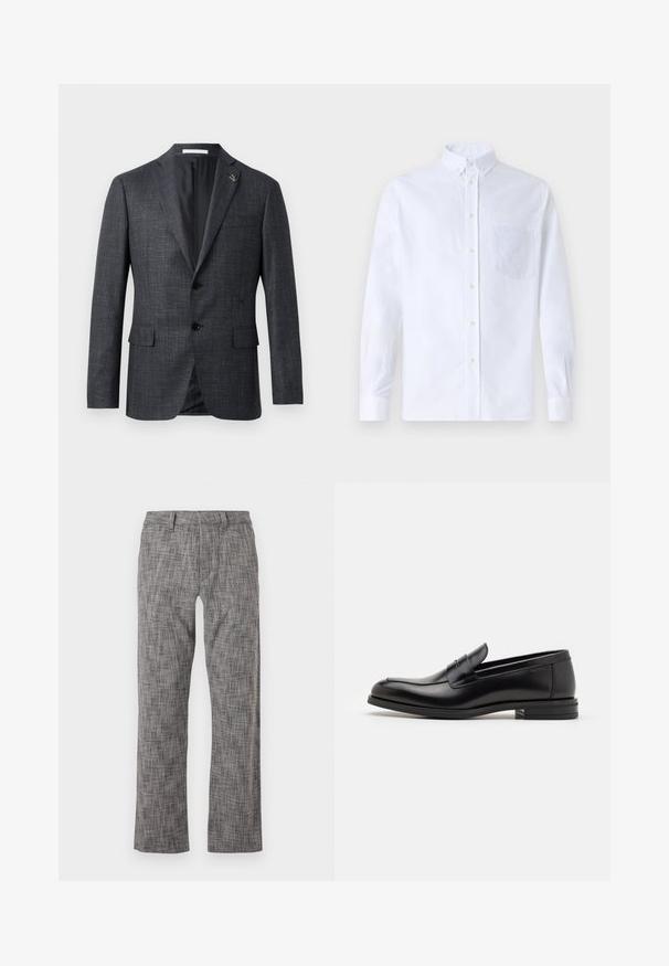 Dunkelgrauer, strukturierten Blazer mit Reverskragen, zwei Fronttaschen, Knopfschluss und kleinem Nadel-Detail am Revers. Glattes Innenfutter.; Weißes Langarm-Hemd mit Knöpfen aus Baumwolle, ausgestattet mit einer Brusttasche mit tonalem Stickerei, einem Kragen und Knopfmanschetten.; Grau gemusterte Hose mit geradem Bein. Hergestellt aus einem strukturierten Stoff, mit einem Frontverschluss und Seitentaschen.; Schwarze Lederloafers mit glatter Textur, rundem Zehenbereich und einem dekorativen Riemen über dem Vorderfuß. Niedriger, gestapelter Absatz, minimalistisches Design.