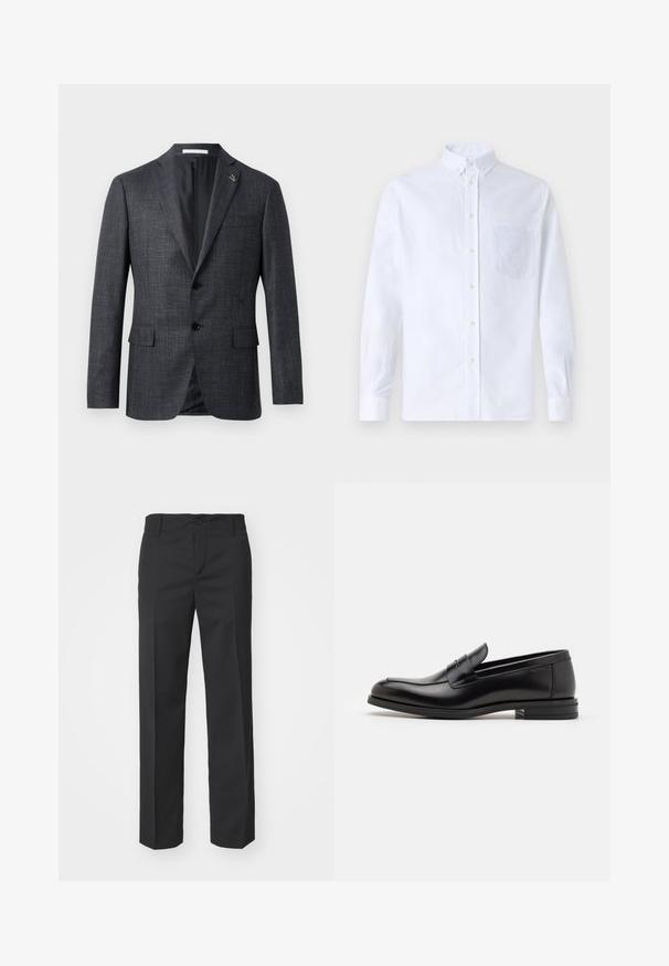 Dark gray, textured blazer with notch lapels, two front pockets, button closure, and small pin detail on the lapel. Smooth interior lining.; White long-sleeve button-up shirt made of cotton, featuring a chest pocket with tonal embroidery, a collar, and button cuffs.; Filippa K TROUSER - Trousers - black; Black leather loafers with a smooth texture, rounded toe, and a decorative strap across the vamp. Low stacked heel, minimalist design.