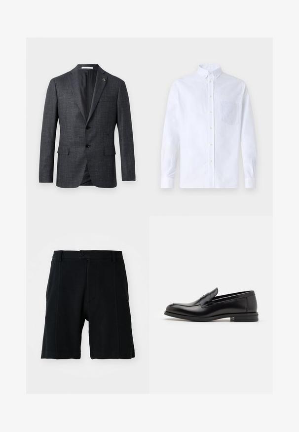 Tumši pelēkā krāsā struktūru izceļošs žakets ar atzīmi pie apakšmalām, divām priekšējām kabatām, pogu aizdari un nelielu piespraudes detalizāciju pie apakšmalām. Gluda iekšējā oderes apdare.; Balts garo piedurknēm krekliņš ar pogām, izgatavots no kokvilnas, ar krūšu kabatu ar tonālu izšuvumu, apkakli un pogām pie piedurknēm.; Melni šorti, kas izgatavoti no teksturēta auduma, ar pogu aizdari priekšpusē, sānu kabatām un taisnu piegriezumu, ar redzamām šuvju detaļām.; Melnas ādas kurpes ar gludu tekstūru, noapaļu purngalu un dekoratīvu siksniņu pāri priekšpusei. Zems sakrauts papēdis, minimālisma dizains.