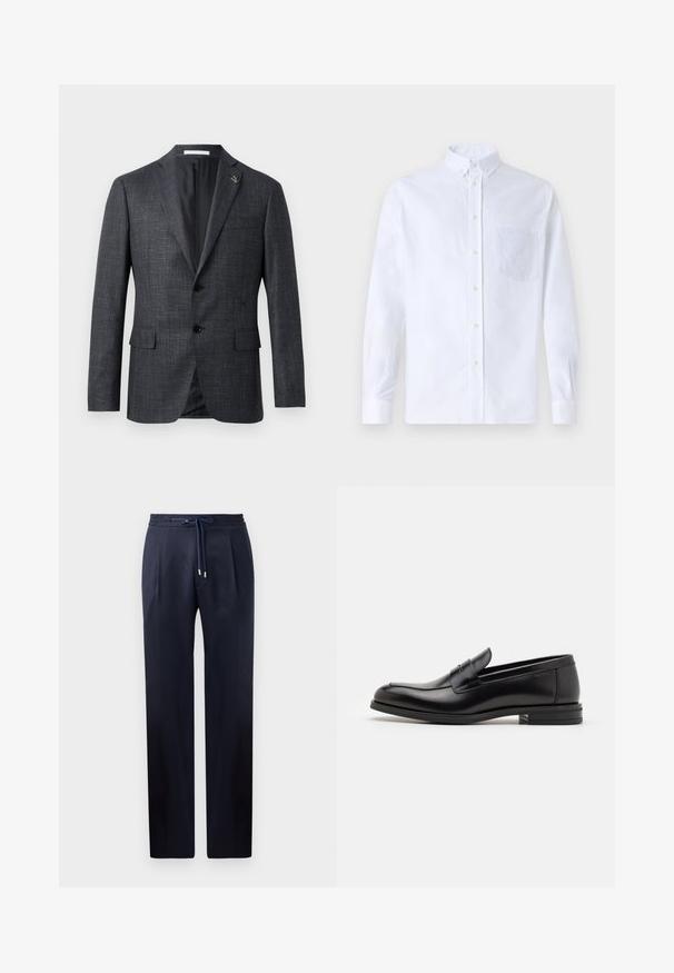 Tumši pelēkā krāsā struktūru izceļošs žakets ar atzīmi pie apakšmalām, divām priekšējām kabatām, pogu aizdari un nelielu piespraudes detalizāciju pie apakšmalām. Gluda iekšējā oderes apdare.; Balts garo piedurknēm krekliņš ar pogām, izgatavots no kokvilnas, ar krūšu kabatu ar tonālu izšuvumu, apkakli un pogām pie piedurknēm.; Tumši zili bikses ar brīvu piegriezumu, elastīgu jostasvietu un aukliņas aizdari. Iekļauj divus priekšējos izgriezumus un taisnas kājas bez kabatām.; Melnas ādas kurpes ar gludu tekstūru, noapaļu purngalu un dekoratīvu siksniņu pāri priekšpusei. Zems sakrauts papēdis, minimālisma dizains.