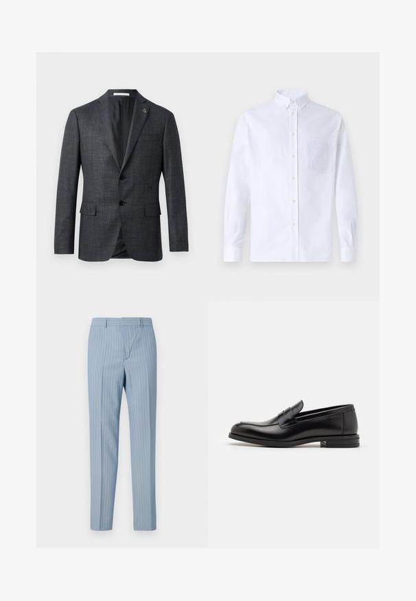 Blazer texturé gris foncé avec revers en pointe, deux poches avant, fermeture à bouton et petit détail en épingle sur le revers. Doublure intérieure lisse.; Chemise blanche à manches longues avec boutons en coton, présentant une poche poitrine avec broderie ton sur ton, un col et des poignets boutonnés.; Pantalons rayés bleu clair à coupe slim, dotés de rayures verticales blanches. Fabriqués à partir d'un tissu lisse avec un design ajusté.; Mocassins en cuir noir avec une texture lisse, bout rond et une sangle décorative sur le dessus. Talon bas empilé, design minimaliste.