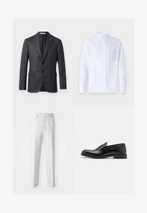 Tumši pelēkā krāsā struktūru izceļošs žakets ar atzīmi pie apakšmalām, divām priekšējām kabatām, pogu aizdari un nelielu piespraudes detalizāciju pie apakšmalām. Gluda iekšējā oderes apdare.; Balts garo piedurknēm krekliņš ar pogām, izgatavots no kokvilnas, ar krūšu kabatu ar tonālu izšuvumu, apkakli un pogām pie piedurknēm.; Gai pelēki, pielāgoti bikses, kas izgatavotas no lina maisījuma; ar plakanu priekšpusi, taisnām kājām un jostas cilpām. Minimālistisks dizains, nav redzamu rotājumu.; Melnas ādas kurpes ar gludu tekstūru, noapaļu purngalu un dekoratīvu siksniņu pāri priekšpusei. Zems sakrauts papēdis, minimālisma dizains.