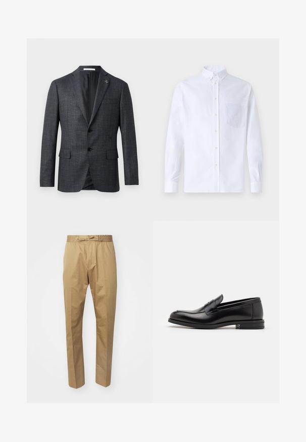 Tumši pelēkā krāsā struktūru izceļošs žakets ar atzīmi pie apakšmalām, divām priekšējām kabatām, pogu aizdari un nelielu piespraudes detalizāciju pie apakšmalām. Gluda iekšējā oderes apdare.; Balts garo piedurknēm krekliņš ar pogām, izgatavots no kokvilnas, ar krūšu kabatu ar tonālu izšuvumu, apkakli un pogām pie piedurknēm.; Bēšas bikses ar elastīgu jostasvietu un regulējamu šņorīti. Gluda tekstūra, taisnas kājas un minimālisma dizains.; Melnas ādas kurpes ar gludu tekstūru, noapaļu purngalu un dekoratīvu siksniņu pāri priekšpusei. Zems sakrauts papēdis, minimālisma dizains.