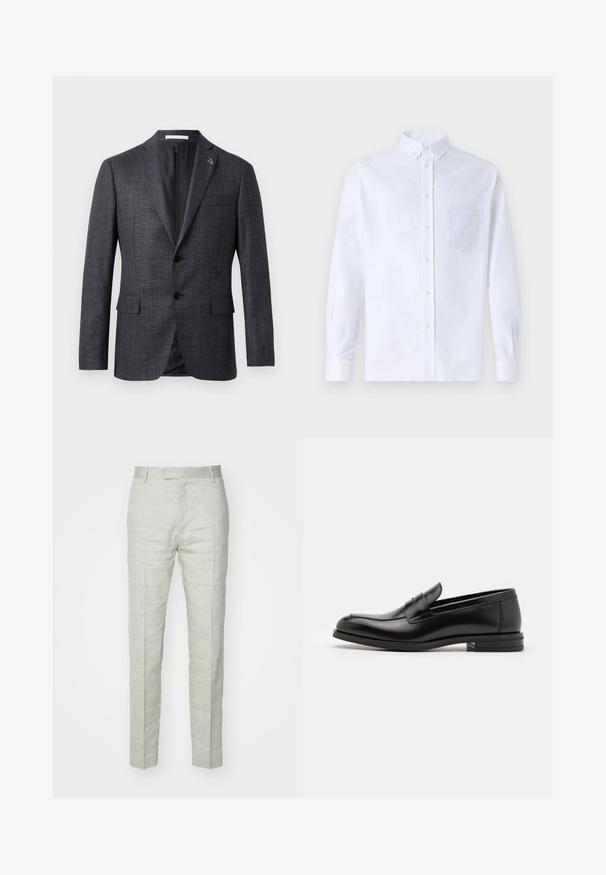 Ciemnoszary, teksturowany żakiet z klapami, dwiema przednimi kieszeniami, zapięciem na guziki oraz małym przypinką na klapie. Gładka podszewka wewnętrzna.; Biała koszula z długim rękawem na guziki, wykonana z bawełny, z kieszonką na piersi z tonowym haftem, kołnierzykiem i zapięciem na guziki przy mankietach.; Jasnoszare lniane spodnie o slim fit, z płaskim przodem i subtelną teksturą. Posiadają zwężane nogawki i standardowy pas.; Czarne skórzane mokasyny o gładkiej fakturze, zaokrąglonym nosku i dekoracyjnym pasku na przodzie. Niski, warstwowy obcas, minimalistyczny design.