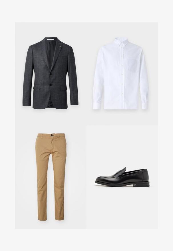 Σκούρο γκρι, υφασμάτινο σακάκι με κατακόρυφες μύτες, δύο μπροστινές τσέπες, κλείσιμο με κουμπί και μικρή λεπτομέρεια καρφίτσας στις μύτες. Λείο εσωτερικό φόδρας.; Λευκό πουκάμισο με μακρύ μανίκι, φτιαγμένο από βαμβάκι, με τσέπη στο στήθος με τονικό κέντημα, γιακά και κουμπιά στους μανικέτες.; Μπεζ βαμβακερό παντελόνι με στενή εφαρμογή, που διαθέτει κλείσιμο με ένα κουμπί, μπροστινές τσέπες και λεία υφή. Σχέδιο με επίπεδο μπροστά.; Μαύρες δερμάτινες μπαλαρίνες με λεία υφή, στρογγυλή μύτη και διακοσμητική ταινία πάνω από το επάνω μέρος. Χαμηλός καπιτώνας, μινιμαλιστικός σχεδιασμός.