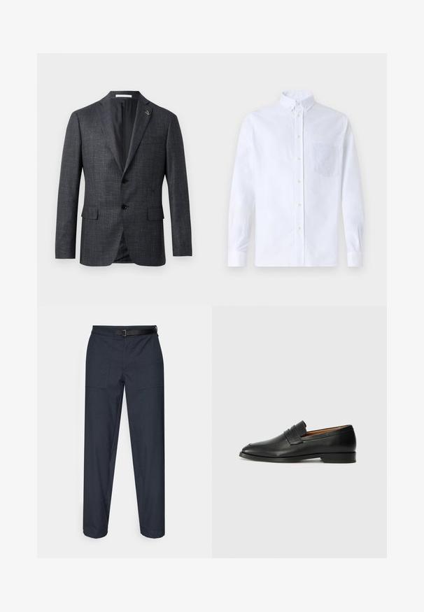 Tamsiai pilkas, tekstūruotas švarkas su įpjautomis atlapomis, dviem priekinėmis kišenėmis, mygtuko uždarymu ir mažais segtukais ant atlapo. Lygus pamušalas.; Balta ilga rankovė mygtukų marškiniai, pagaminti iš medvilnės, su krūtine kišene ir toniniu siuvinėjimu, apykakle ir mygtukų apvadu.; Tamsiai mėlynos tiesios kirpimo kelnės, turinčios dvi priekinės kišenes, juodą reguliuojamą diržą ir lygią tekstūrą.; Juodas odinis loaferis su apvaliu nosiu, subtiliomis siuvimo detalėmis ir žemu kulnu, pasižymintis lygia tekstūra ir minimalistiniu dizainu.