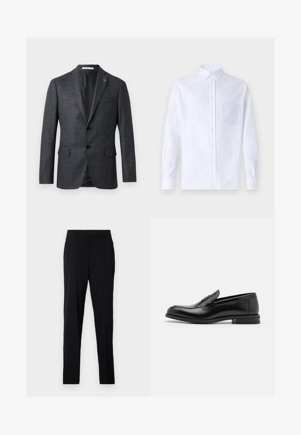 Ciemnoszary, teksturowany żakiet z klapami, dwiema przednimi kieszeniami, zapięciem na guziki oraz małym przypinką na klapie. Gładka podszewka wewnętrzna.; Biała koszula z długim rękawem na guziki, wykonana z bawełny, z kieszonką na piersi z tonowym haftem, kołnierzykiem i zapięciem na guziki przy mankietach.; Czarne spodnie wykonane z gładkiego materiału, z prostym krojem, szlufkami na pasek, zapięciem na zamek błyskawiczny oraz kieszeniami bocznymi dla funkcjonalności.; Czarne skórzane mokasyny o gładkiej fakturze, zaokrąglonym nosku i dekoracyjnym pasku na przodzie. Niski, warstwowy obcas, minimalistyczny design.