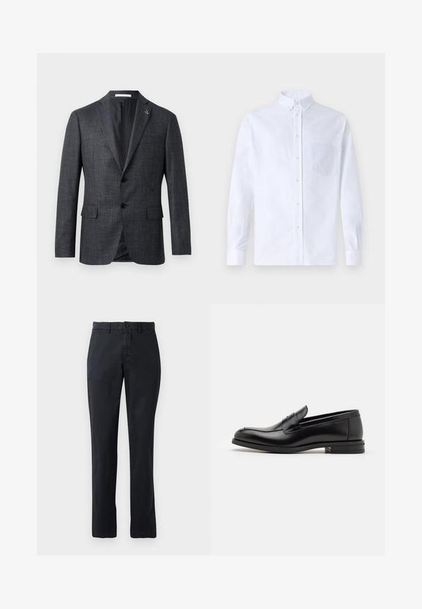 Dark gray, textured blazer with notch lapels, two front pockets, button closure, and small pin detail on the lapel. Smooth interior lining.; White long-sleeve button-up shirt made of cotton, featuring a chest pocket with tonal embroidery, a collar, and button cuffs.; Dark navy chinos made of cotton fabric, featuring a flat front, two front pockets, and a single back pocket with a button closure.; Black leather loafers with a smooth texture, rounded toe, and a decorative strap across the vamp. Low stacked heel, minimalist design.