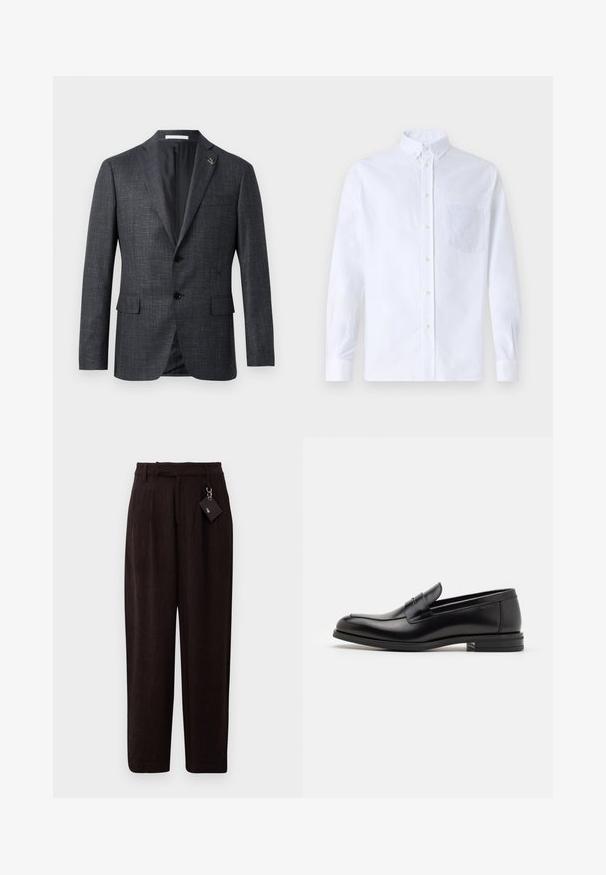 Tummanharmaa, teksturoitu bleiseri, jossa on läppäkaulus, kaksi etutaskua, nappikiinnitys ja pieni nuppineulapiste kauluksessa. Silkkinen sisävuori.; Valkoinen pitkähihaista napillista paitaa, joka on valmistettu puuvillasta. Paita sisältää rinnan kohdalla taskun, jossa on samaa sävyä oleva brodeeraus, kauluksen sekä napilliset hihansuut.; Tummanruskeat, kuvioidut housut, joissa on väljä muotoilu ja vyötäröllä vyö. Edessä litteä leikkaus ja suorat lahkeet.; Mustat nahkakengät, joissa on sileä pinta, pyöreä kärki ja koristeellinen nauha jalkapöydän yli. Matala pinoitu koroke, minimalistinen muotoilu.