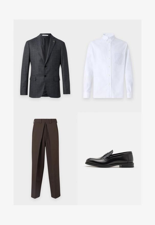 Tmavě šedý texturovaný blazer s klopami, dvěma předními kapsami, zapínáním na knoflík a malým pinem na klopě. Hladká podšívka.; Bílá dlouhá košile s knoflíky vyrobená z bavlny, která má náprsní kapsu s tónovanou výšivkou, límec a knoflíkové manžety.; BLUEMARBLE WORK PANT - Kalhoty - brown; Černé kožené polobotky s hladkou texturou, zaoblenou špičkou a zdobným páskem přes nárt. Nízký stohovaný podpatek, minimalistický design.