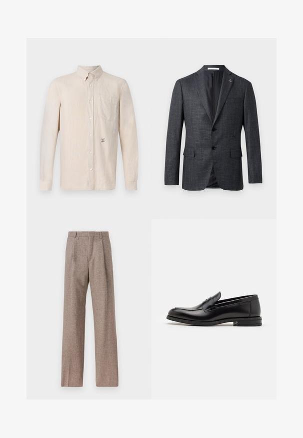 Ciemnoszary, teksturowany żakiet z klapami, dwiema przednimi kieszeniami, zapięciem na guziki oraz małym przypinką na klapie. Gładka podszewka wewnętrzna.; Jasno beżowa koszula z długim rękawem, z kołnierzykiem, zapinana na guziki, z jedną kieszenią na piersi i subtelnym haftem po lewej stronie.; Brązowe, wysokiej talii spodnie wykonane z teksturowanej tkaniny. Posiadają szerokie nogawki i dwa przednie zakładki dla lepszej struktury. Starannie wykończone, bez widocznych elementów metalowych.; Czarne skórzane mokasyny o gładkiej fakturze, zaokrąglonym nosku i dekoracyjnym pasku na przodzie. Niski, warstwowy obcas, minimalistyczny design.