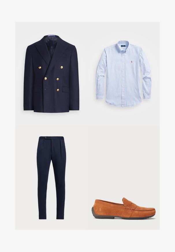 Námornícky modrý dvojradový blejzer so zlatými gombíkmi a klopami, ktorý má dva predné vrecká s klopou a jedno náprsné vrecko.; Svetlomodrá a biela pruhovaná košeľa s gombíkmi, klasickým golierom, dlhými rukávmi a malým vyšitým logom na hrudi.; Námořnické modré kalhoty na míru s plochým předním dílem, dvěma pokládanými záhyby a jednořadým knoflíkovým zapínáním, vyrobené z hladké texturované tkaniny.; Hnedé semišové mokasíny s dizajnom mokasín, s prešitým vrchom, nazúvací štýl a gumovou podrážkou pre trakciu.