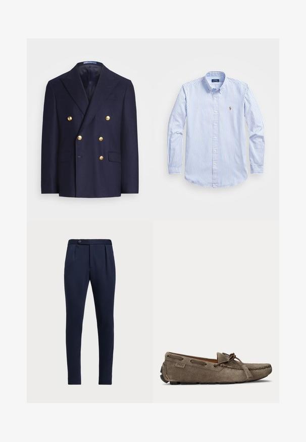 Tume sinine topeltpinna jakki, millel on kuldsed nupud ja lõikega krae, sisaldab kahte eesmist klapptaskut ning rinna welt-taskut.; Hele helesinise ja valge triibuline särk, millel on klassikaline krae, pikad varrukad ja väike tikand rinnal.; Tumesinine voodriga püksid, millel on tasane esiosa, kaks esirühti ja ühe nupuga sulgemine, mis on valmistatud siledast tekstuuriga kangast.; Tumehalli taupe-värvi seemisnahast mokassiin, ümara nina, paelte ja kummist tallaga. Varustatud metallsete silmuste ja tuti kaunistusega.