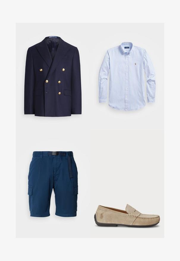 Temno moder dvoredni blejzer z zlatimi gumbi in zataknjenimi klapami, ki ima dve sprednji žepni odprtini in prsni žep.; Svetlo modra in bela prugasta srajca z gumbi, klasičnim ovratnikom, dolgimi rokavi in majhnim vezenim logotipom na prsih.; Temno modri cargo kratke hlače iz lahkega materiala, z beljenjem v pasu, stranskimi žepi in subtilno teksturo.; Bež nubuk loafers s šivano podrobnostjo, ravnim gumijastim podplatom in majhnim logotipom ob strani. Klasična zasnova za enostavno obuvanje, mehak material.