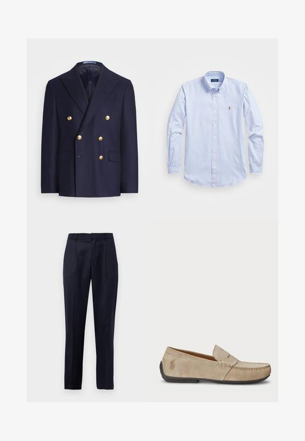 Tengerészkék, dupla gombos blézer arany gombokkal és notche nyakkivágással, két elülső zsebével és egy mellzsebbéllel.; Világoskék és fehér csíkos gombos ing klasszikus gallérral, hosszú ujjakkal, és egy apró hímzett logóval a mellkasán.; Sötétkék, szabott, elöl pliszírozott nadrág, övhurkokkal és tapered lábformával, fehér háttér előtt.; Beige velúr mokaszin, varrott díszítéssel, lapos gumitalppal és kis logóval az oldalon. Klasszikus slip-on dizájn, puha tapintású.