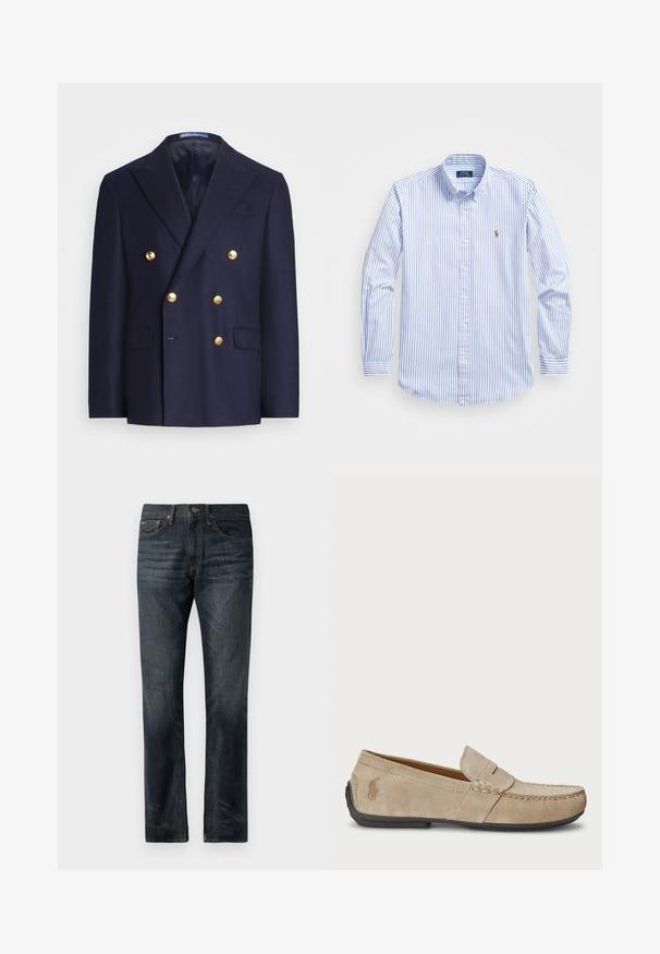 Granatowy dwurzędowy marynarka z złotymi guzikami i klapami, z dwoma przednimi kieszeniami z klapami oraz kieszenią na piersi.; Jasnoniebieska i biała koszula z długim rękawem, z klasycznym kołnierzykiem, w paski, z małym haftowanym logo na piersi.; Granatowe dżinsy o prostym kroju, z klasycznym pięcio-kieszeniowym wzorem i miedzianymi przeszyciami.; Beżowe zamszowe loafersy z przeszyciem, płaską gumową podeszwą i małym logo po boku. Klasyczny model wsuwany, miękka faktura.