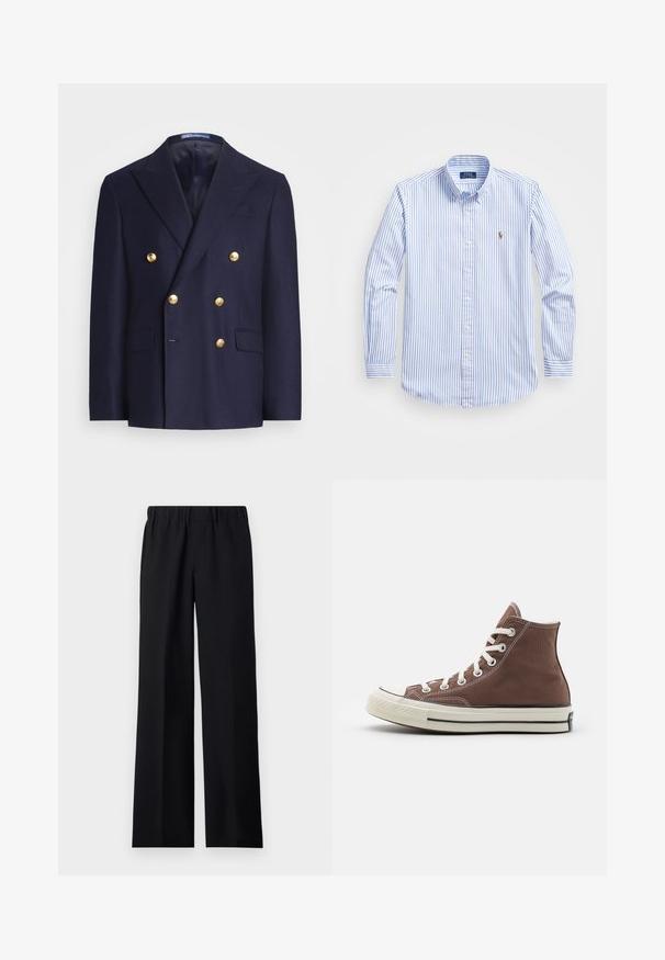 Blazer croisé bleu marine avec des boutons dorés et des revers crantés, comprenant deux poches à rabat à l'avant et une poche poitrine passepoilée.; Chemise à rayures bleu clair et blanche, avec un col classique, des manches longues et un petit logo brodé sur la poitrine.; sandro LARGE - Pantalon classique - noir; Basket montante en toile brune avec des lacets blancs, capuchon en caoutchouc à l'avant, et une rayure noire sur la semelle. Présente des coutures blanches et un design classique.