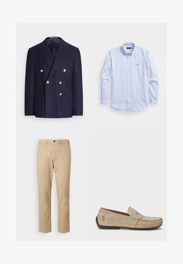 Blazer croisé bleu marine avec des boutons dorés et des revers crantés, comprenant deux poches à rabat à l'avant et une poche poitrine passepoilée.; Chemise à rayures bleu clair et blanche, avec un col classique, des manches longues et un petit logo brodé sur la poitrine.; GAP SLIM PERFORMANCE STRETCH - Chino - khaki; Mocassins en suede beige avec un détail cousu, semelle en caoutchouc plate et un petit logo sur le côté. Design classique à enfiler, texture douce.