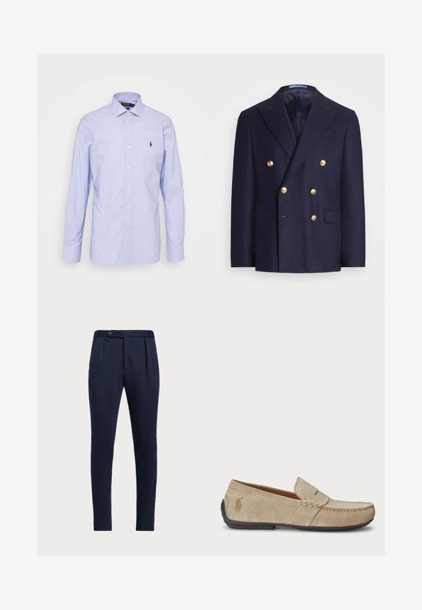 Marineblauwe dubbelknopen blazer met gouden knopen en notch revers, voorzien van twee voorste klepzakken en een borstzak met bies.; Lichtblauwe, lange mouwen button-up shirt van een zachte stof. Beschikt over een klassieke kraag, een voorflap en een klein geborduurd logo op de borst.; Marineblauwe op maat gemaakte broeken met een vlakke voorkant, twee plooien aan de voorzijde en een enkele knoopsluiting, gemaakt van een gladde, gestructureerde stof.; Beige suède instappers met een gestikt detail, platte rubberen zool en een klein logo aan de zijkant. Klassiek instapontwerp, zachte textuur.