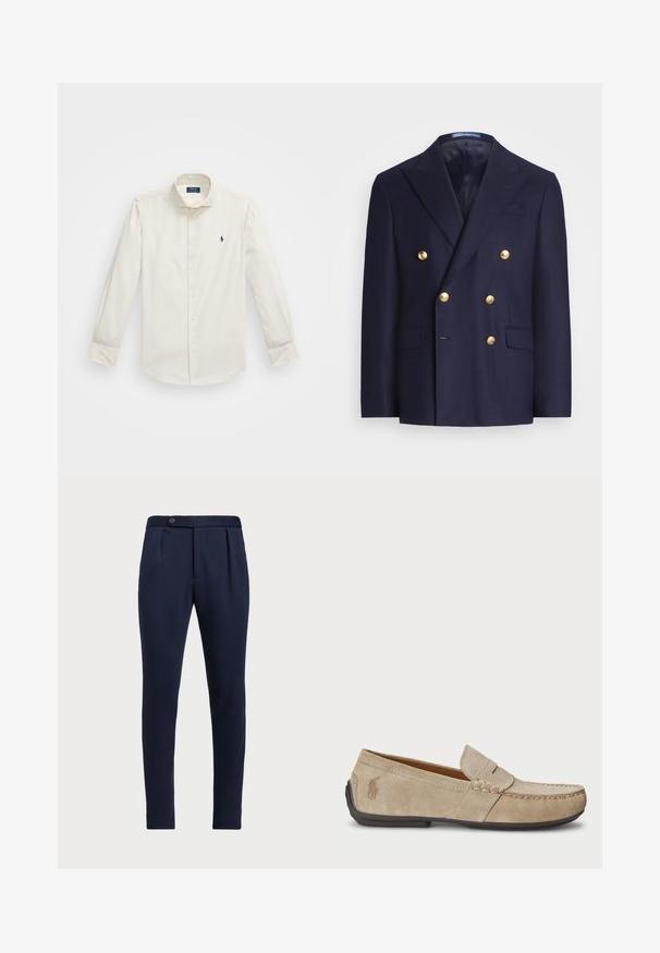 Granatowy dwurzędowy marynarka z złotymi guzikami i klapami, z dwoma przednimi kieszeniami z klapami oraz kieszenią na piersi.; Biała koszula z długim rękawem wykonana z bawełny, z kołnierzykiem zapinanym na guziki, jedną kieszonką na piersi oraz małym granatowym logo po lewej stronie.; Granatowe eleganckie spodnie z płaskim przodem, dwoma fałdami z przodu i pojedynczym zapięciem na guzik, wykonane z gładkiego, teksturowanego materiału.; Beżowe zamszowe loafersy z przeszyciem, płaską gumową podeszwą i małym logo po boku. Klasyczny model wsuwany, miękka faktura.