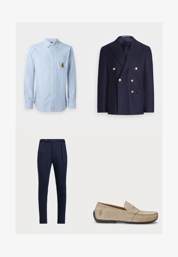 Blazer croisé bleu marine avec des boutons dorés et des revers crantés, comprenant deux poches à rabat à l'avant et une poche poitrine passepoilée.; Chemise bleu clair à manches longues, avec une poche poitrine arbore un motif animal brodé brun, fabriquée en tissu doux.; Pantalons ajustés bleu marine avec un devant plat, deux plis avant et une fermeture à un bouton, en tissu lisse et texturé.; Mocassins en suede beige avec un détail cousu, semelle en caoutchouc plate et un petit logo sur le côté. Design classique à enfiler, texture douce.