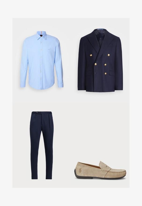 Marineblauwe dubbelknopen blazer met gouden knopen en notch revers, voorzien van twee voorste klepzakken en een borstzak met bies.; Lichtblauw langmouw shirt van katoen, met een button-down kraag, knoopsluiting aan de voorkant en subtiele logo borduursel op de borst.; Marineblauwe op maat gemaakte broeken met een vlakke voorkant, twee plooien aan de voorzijde en een enkele knoopsluiting, gemaakt van een gladde, gestructureerde stof.; Beige suède instappers met een gestikt detail, platte rubberen zool en een klein logo aan de zijkant. Klassiek instapontwerp, zachte textuur.