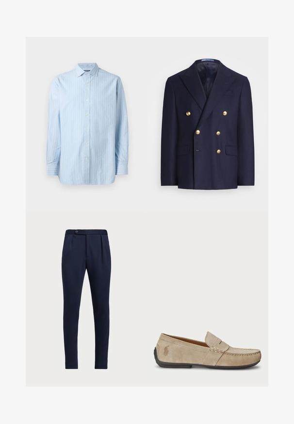 Marinblå dubbelknäppt kavaj med guldknappar och slag, försedd med två framfickor med klaff och en bröstficka.; Ljusblå långärmad skjorta med vita vertikala ränder, knappfällning och knäppning längs framsidan. Texturerad bomullstyg.; Marinblå skräddarsydda byxor med en slät front, två framveck och en enkel knappstängning, i ett mjukt, strukturerat tyg.; Beiga mockasiner i mocka med en sömdetalj, platt gummisula och en liten logotyp på sidan. Klassisk slip-on design, mjuk textur.