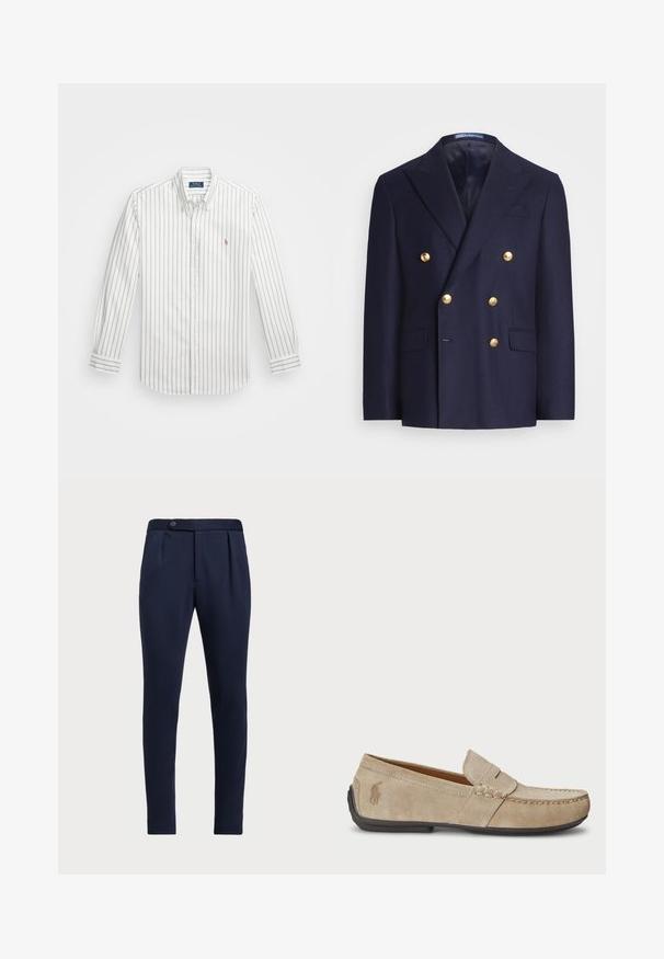 Marineblauwe dubbelknopen blazer met gouden knopen en notch revers, voorzien van twee voorste klepzakken en een borstzak met bies.; Witte overhemden met lichtblauwe verticale strepen, lange mouwen, geknoopte kraag en klein geborduurd logo op de linkerborst.; Marineblauwe op maat gemaakte broeken met een vlakke voorkant, twee plooien aan de voorzijde en een enkele knoopsluiting, gemaakt van een gladde, gestructureerde stof.; Beige suède instappers met een gestikt detail, platte rubberen zool en een klein logo aan de zijkant. Klassiek instapontwerp, zachte textuur.