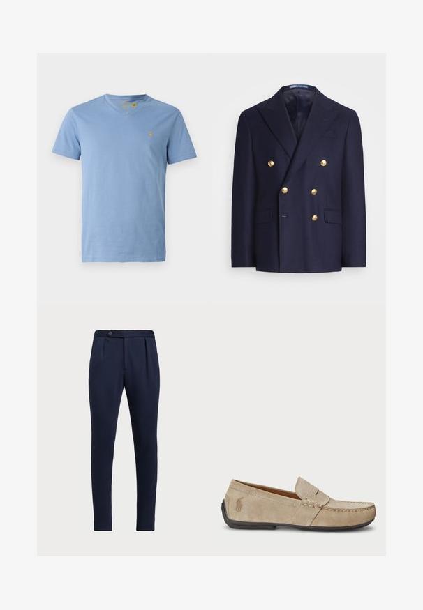 Granatowy dwurzędowy marynarka z złotymi guzikami i klapami, z dwoma przednimi kieszeniami z klapami oraz kieszenią na piersi.; Jasnoniebieski bawełniany t-shirt z dekoltem w serek, krótkimi rękawami i małym haftowanym logo na lewej piersi. Gładka faktura, swobodny krój.; Granatowe eleganckie spodnie z płaskim przodem, dwoma fałdami z przodu i pojedynczym zapięciem na guzik, wykonane z gładkiego, teksturowanego materiału.; Beżowe zamszowe loafersy z przeszyciem, płaską gumową podeszwą i małym logo po boku. Klasyczny model wsuwany, miękka faktura.