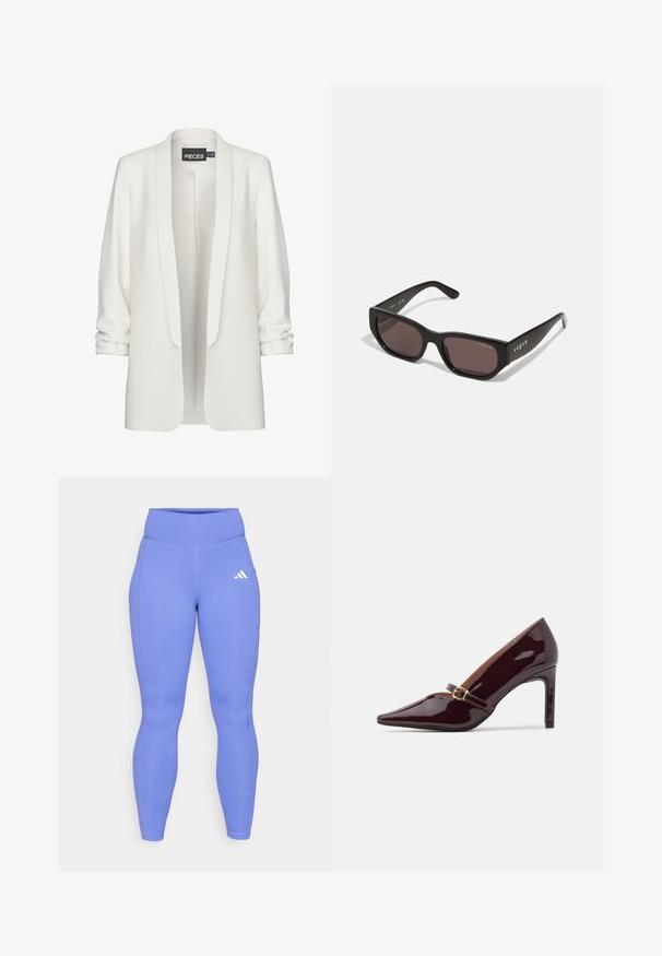 Bijela blejzerica od glatkog materijala, otvorenog prednjeg dijela i podavljenih rukava. Ima minimalistički dizajn bez vidljivih zatvarača ili uzoraka.; Crna rebrasta kratka majica bez rukava s okruglim izrezom. Izrađena od mekog, rastezljivog materijala, s urednim rubovima.; Ljubičaste rebraste tajice od rastezljivog materijala, s visokim pojasom i malim bijelim logom na gornjem bedrima.; Patent burgundska visoka potpetica s oštrim vrhom, remenom oko gležnja s zlatnim detaljima, i glatkom, sjajnom završnom obradom. Povišena stiletto potpetica.; Crna pravokutna sunčana naočala s tamnim lećama. Imaju glatki plastični okvir i detalj sa logom na sljepoočnici. Čist, moderan dizajn.; Bijela kožna torba s zlatnim detaljima, prednjim preklopom i crnim rubom, s remenom od lanca nosi se preko tijela uz svijetloplavu košulju.