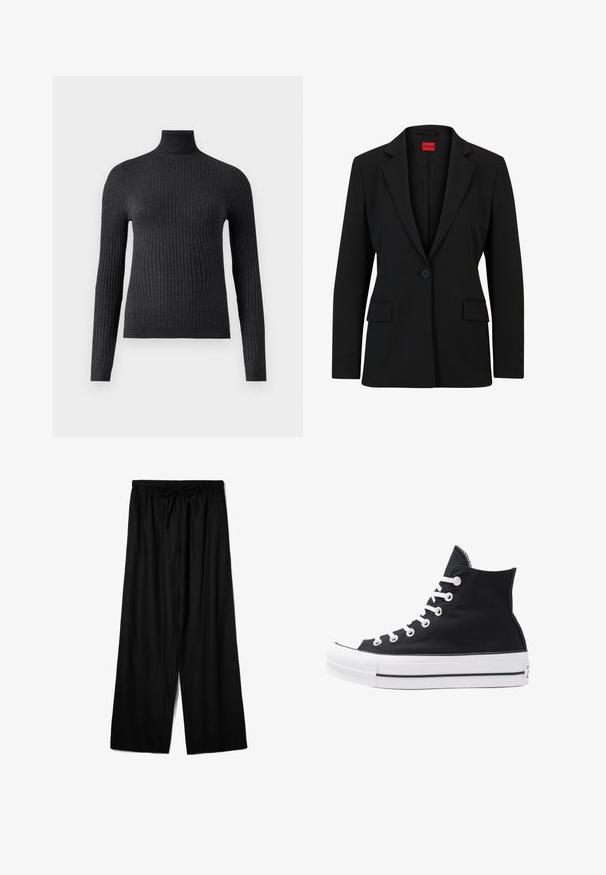 Sacou negru cu rever în formă de V și închidere cu un singur nasture. Dispune de două buzunare frontale și o căptușeală netedă cu un model subtil.; Pulover turtleneck gri închis, realizat dintr-un material ribbed, cu mâneci lungi și un design ajustat, având un guler înalt și talie. ; Pantaloni negri evazați dintr-un material ușor, cu un talie elastică și șnur pentru ajustarea dimensiunii. Textură netedă.; Tenisi negri înalți din pânză, cu ochiuri și sireturi albe, precum și talpă din cauciuc. Dispune de un capac texturat pentru degetul mare și accente în dungi alb-negru.