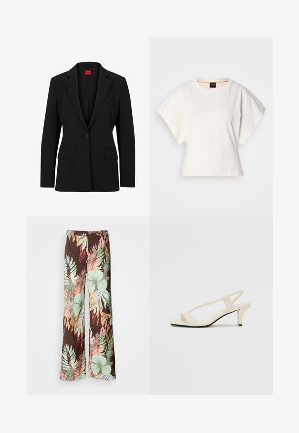 Black blazer with a notched lapel and single button closure. Features two front pockets and a smooth lining with a subtle pattern.; White cropped T-shirt, short wide sleeves, soft cotton material, round neckline with subtle orange trim, minimal design, no patterns or graphics.; Wide-leg trousers featuring a dark brown fabric with a vibrant floral and leafy pattern in shades of green, red, and peach. Soft, lightweight material.; Beige block-heeled sandals with thin straps and a square toe. Smooth material with minimal detailing, designed for easy wear.