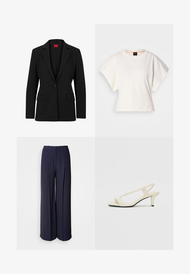 Crni sako s izrezanim reverom i zatvaranjem na jedan gumb. Ima dvije prednje džepove i glatku podstavu s suptilnim uzorkom.; Bijeli skraćeni T-shirt, široke kratke rukave, mekani pamučni materijal, okrugli izrez s suptilnim narančastim detaljem, minimalistički dizajn, bez uzoraka ili grafika.; Mornarske široke hlače s uzorkom na prugice. Imaju visoki struk, savršeno naborane i glatku teksturu. Pogodne su za formalne prigode.; Bež sandale na blok petu s tankim remenčićima i kvadratnim vrhom. Glatki materijal s minimalnim detaljima, dizajnirane za jednostavno nošenje.