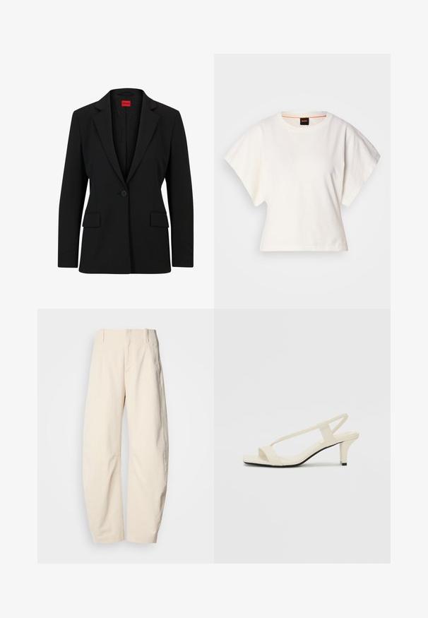 Sort blazer med slag og enkelt knaplukning. Har to forlommer og en glat foring med et subtilt mønster.; Hvid cropped T-shirt, korte brede ærmer, blødt bomuldsstof, rund halsudskæring med diskret orange kant, minimalistisk design uden mønstre eller grafik.; Cremefarvede bukser lavet af et tekstureret materiale, med høj talje, lige ben og sidelommer.; Beige blokhælede sandaler med tynde remme og en firkantet tå. Glat materiale med minimal detaljering, designet til nem brug.