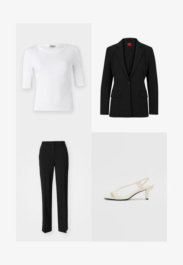 Schwarzer Blazer mit einem Reverskragen und einem einzelnen Knopfverschluss. Verfügt über zwei Vordertaschen und ein glattes Innenfutter mit einem dezenten Muster.; Weißes, geripptes T-Shirt mit rundem Ausschnitt und Ärmeln bis zum Ellbogen. Hergestellt aus einem weichen Material mit glatter Textur. Etikett am Ausschnitt sichtbar.; Schwarze, taillierte Hose mit geradem Bein, aus einem glatten Stoff und mit klaren Falten an der Vorderseite. Keine sichtbare Hardware.; Beige Blockabsatzsandalen mit dünnen Riemen und quadrater Spitze. Glattes Material mit minimalem Design, entworfen für einfaches Tragen.