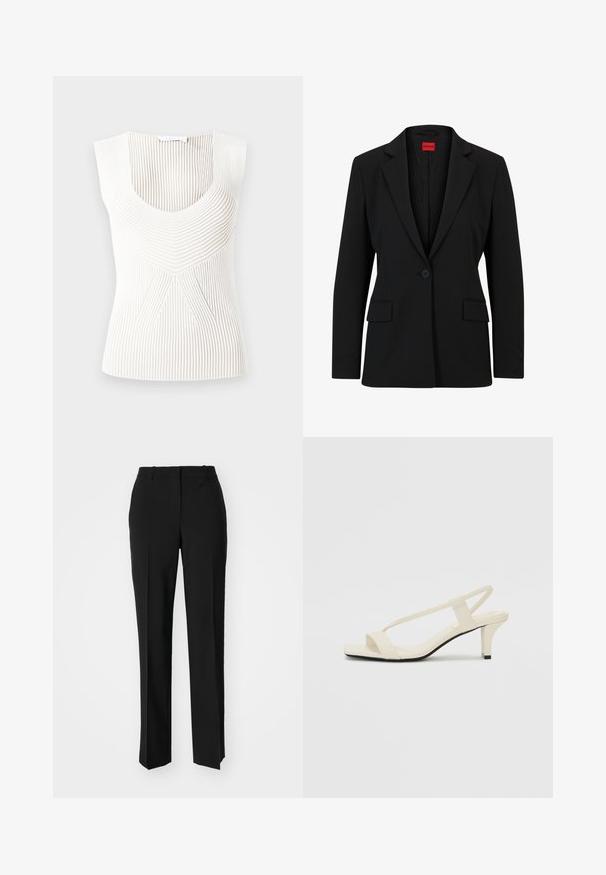 Czarna marynarka z klapami i jednym guzikem. Posiada dwie przednie kieszenie oraz gładką podszewkę z delikatnym wzorem.; Biały top bez rękawów o fakturze prążkowanej i okrągłym dekolcie. Posiada pionowe paski oraz geometryczny wzór na środku.; Czarne spodnie o dopasowanym kroju z prostymi nogawkami, o gładkiej fakturze i wyraźnych zagięciach z przodu. Bez widocznych elementów metalowych.; Beżowe sandały na blokowym obcasie z cienkimi ramiączkami i kwadratowym noskiem. Gładki materiał z minimalną ilością detali, zaprojektowane z myślą o łatwym zakładaniu.