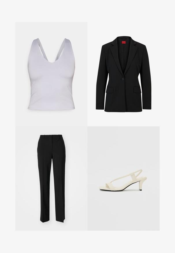 Sort blazer med slag og enkelt knaplukning. Har to forlommer og en glat foring med et subtilt mønster.; Lys grå ærmeløs crop top med en dyb V-udskæring, lavet af glat stof, med brede stropper og en fitted design.; Sorte skræddersyede bukser med lige ben-design, der har en glat tekstur og skarpe folder langs fronten. Ingen synlige hardware.; Beige blokhælede sandaler med tynde remme og en firkantet tå. Glat materiale med minimal detaljering, designet til nem brug.