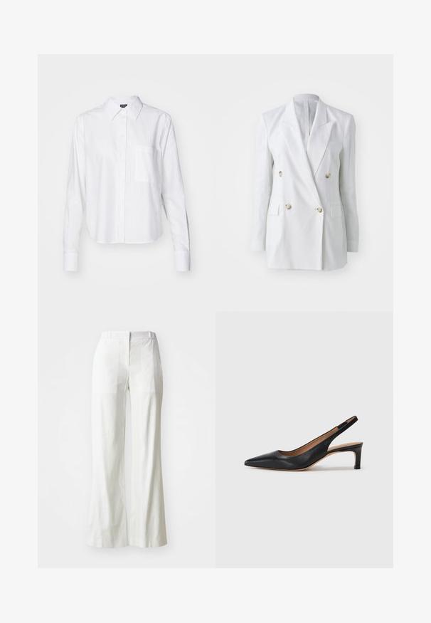 White linen double-breasted blazer featuring gold-tone buttons, two front pockets, and a notched lapel design. Smooth texture with structured fit.; BOSS BRIELLE MONDAY - Button-down blouse - white; White, high-waisted wide-leg pants made of lightweight fabric. Features flat front, rear pockets, and a clean, simple design.; Black leather slingback pump with a pointed toe, low heel, and a smooth texture. Features a thin adjustable strap for a secure fit.