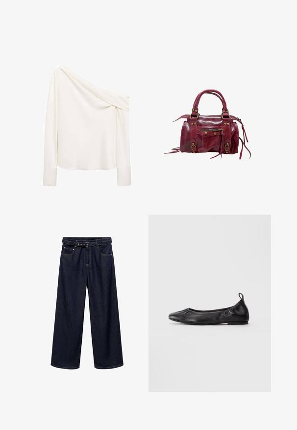Černý pruhovaný blazer s klopovým límcem, předními knoflíky a dvěma předními kapsami. Vyroben z hladké látky s přiléhavým střihem.; Top bez ramínek s dlouhými rukávy vyrobený z jemné bílé látky. Vyznačuje se skládáním, rukávy s manžetami, hladkou texturou a mírným leskem.; Tmavě modré široké džíny vyrobené z denimu. Mají pás s opaskem a několika knoflíky, přední kapsy a čistý lem na spodním okraji.; Černé kožené baletní střevíce s kulatou špičkou, na bocích s gumičkou a s poutkem na patě, vystavené na světlém pozadí.; Červená kožená kabelka s lesklým povrchem, strukturovaným tvarem, dvěma uchy, zipovým vrškem, dekorativními sponami a boční kapsou s třásněmi.